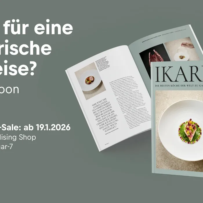 Grafik mit Text: Ikarus Bookazin, Bereit für eine kulinarische Weltreise? Coming Soon 30.1.2026, Exklusiver Pre-Sale: ab 19.1.2026, Nur im Merchandising Shop im Red Bull Hangar-7